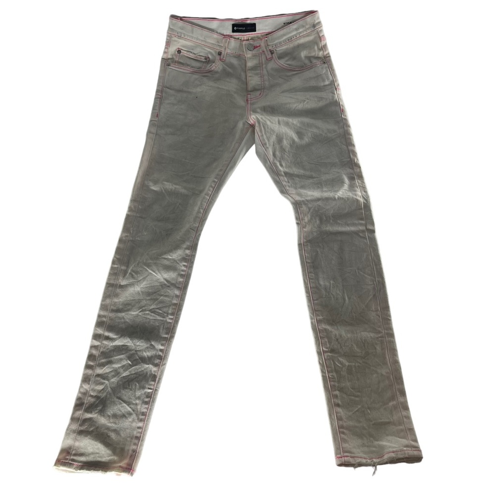 Purple Brand‎ Jeans Mens 32 White Pink Lining P001 Slim Fit Low Rise Paint Splat